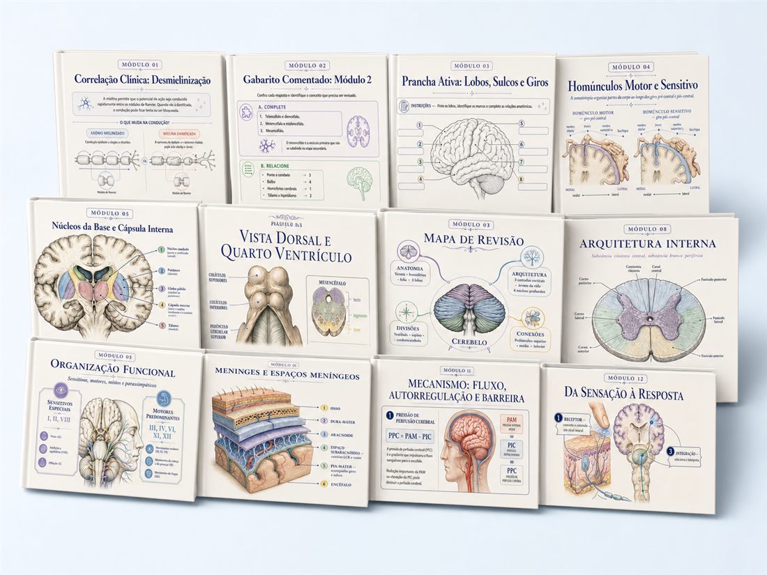 Mockup da coleção completa com os 12 módulos de Neuroanatomia Ativa
